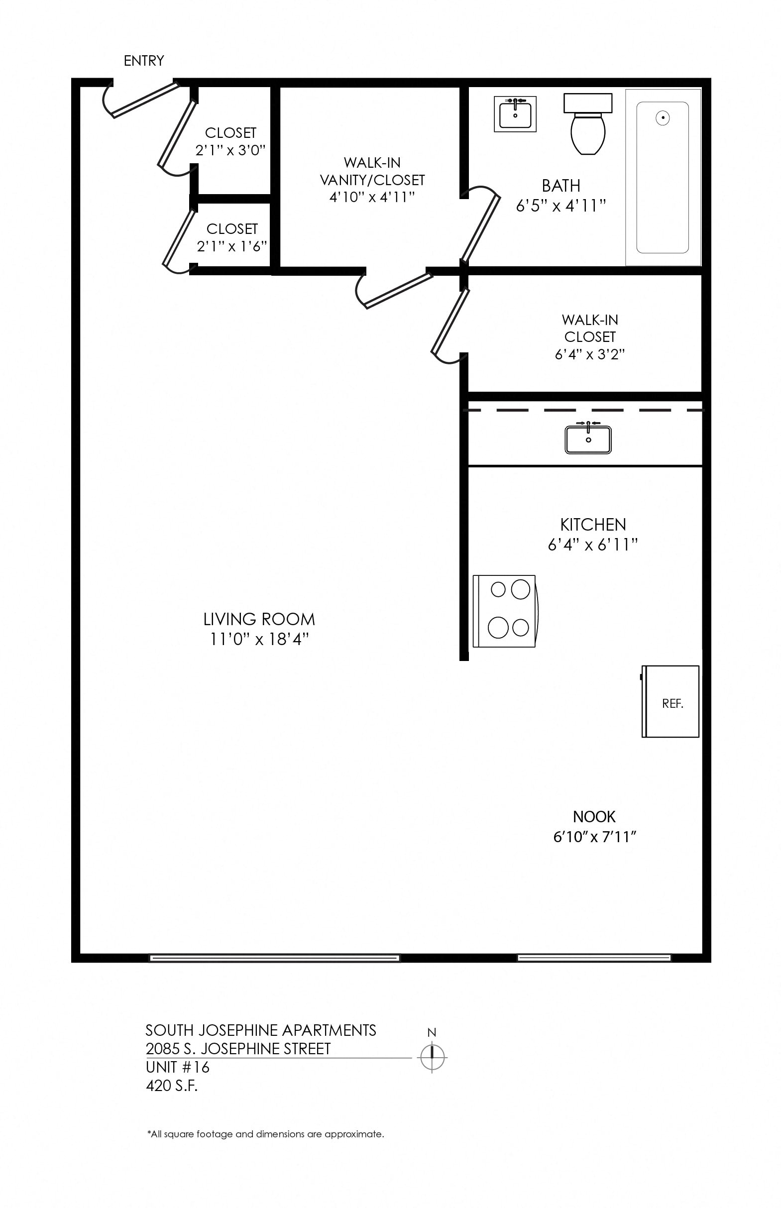 Floor plan for studio, 1 bath, 445 sqft